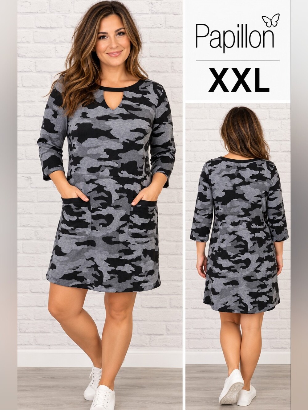 Papillon XXL Grey Black Camo Dress | 3/4 Sleeve | Pockets | Casual Tunic/Dress